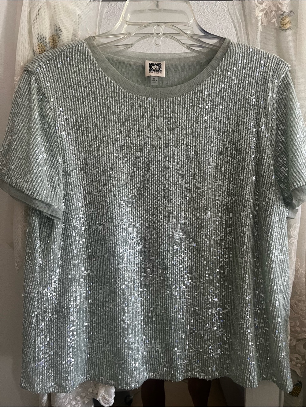Anne Klein Pale Mint Sequin Short Sleeve TOP